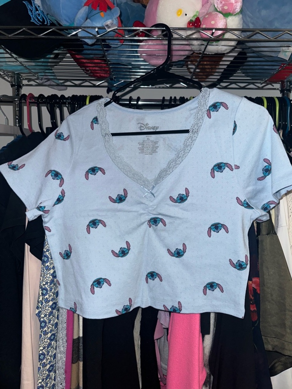 Disney Light Blue Stitch Pattern V-Neck Crop Top pointell fabric